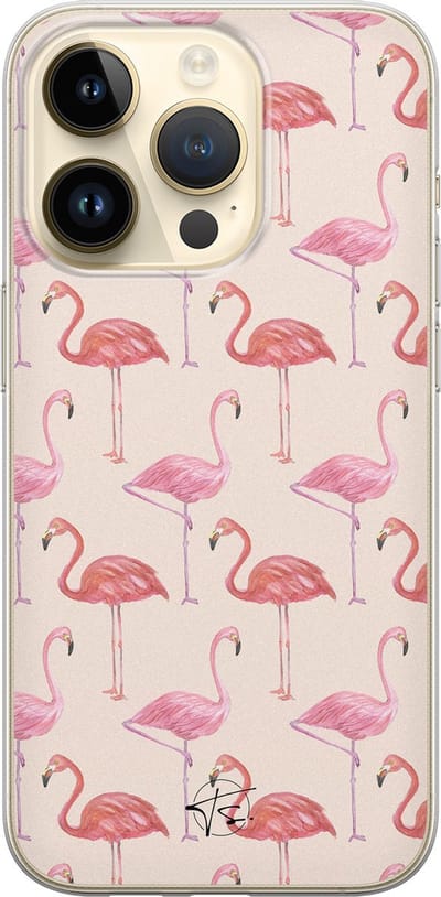 Hoesje geschikt voor iPhone 14 Pro - Flamingo - Soft Case - TPU - Print - Beige, Roze - Mooie Telefoonhoesjes