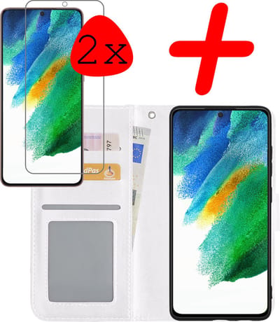 Hoesje Met 2x Screenprotector - Geschikt voor Samsung Galaxy S21 FE - Luxe Pasjeshouder - Bookcase Portemonee - Flip Case - Kunstleer Book Case - Flipcase Hoes - Book Cover - Walletcase - Portemonneehoes - Wit