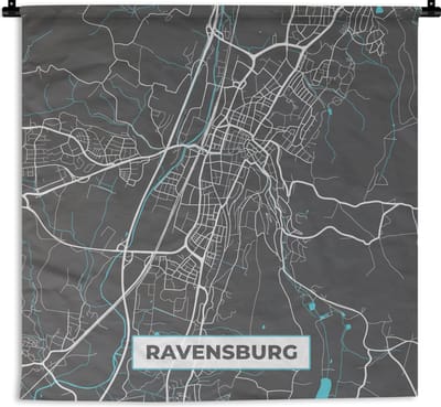 Wandkleed - Wanddoek - Blauw – Duitsland – Plattegrond – Stadskaart – Kaart – Ravensburg - 180x180 cm - Wandtapijt