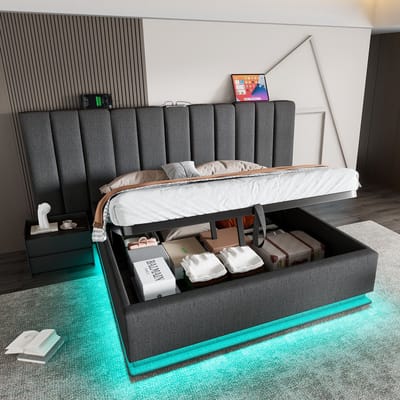 MODFU Bedframe 180x200 cm – Grijs linnen met 360° LED & 3 USB/Type-C – Hydraulisch
