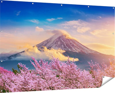 Gards Tuinposter Fuji Berg met Roze Bloesembomen - Bloemen - 180x120 cm - Tuindoek - Tuindecoratie - Wanddecoratie buiten - Tuinschilderij