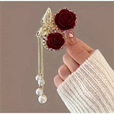 Pince à Cheveux Rose Rouge Velours Style Chinois Papillon | Pince à Frange Incrustée Alliage, Pince Bec de Canard Femme, Accessoire Cheveux Style Cour Vintage