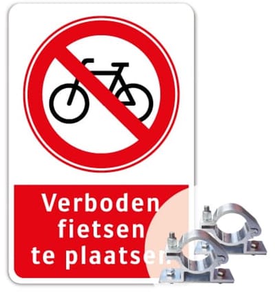 Bord Verboden fietsen te plaatsen - Weerbestendig Aluminium - 40x60 cm - Bevestiging: Met paalbeugels Ø48mm