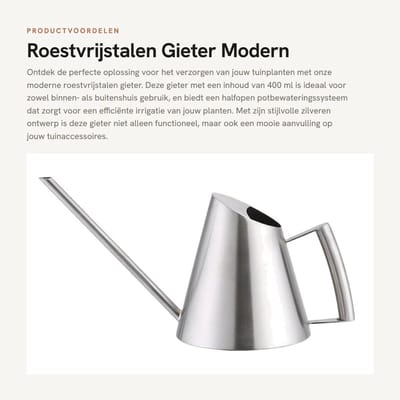 Dailygoods- Gieter 400 ml - Roestvrij Staal - Modern Irrigatiesysteem - Voor Binnen/Buiten - 15 x 10 x 11,5 cm - Ideaal voor Planten - Waterkan