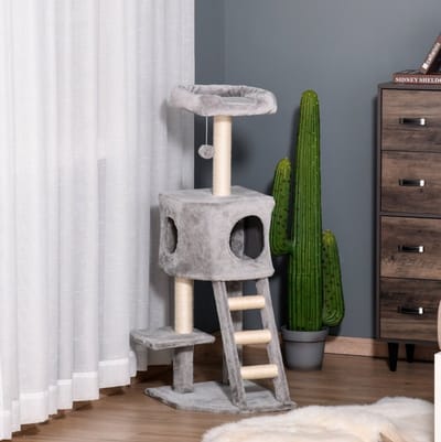 MEUNIQ Krabpaal 120 cm met kattenhuisje, speelbal, sisalstammen, platform en trap, meerlaagse kattenboom van pluche voor krabben, klimmen en rusten, lichtgrijs