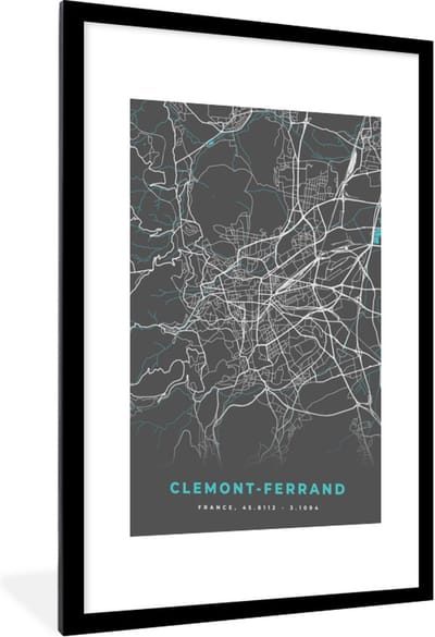 Fotolijst incl. Poster - Clemont-Ferrand - Frankrijk - Kaart - Plattegrond - Stadskaart - 60x90 cm - Posterlijst