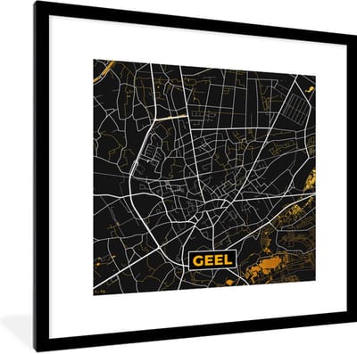 Fotolijst incl. Poster - Stadskaart - Geel - Kaart - Plattegrond - Goud - 40x40 cm - Posterlijst