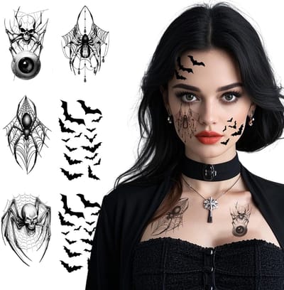 Dailygoods- Tijdelijke Tatoeages Spinnen/Vleermuis - 6 Vellen Groot Formaat - Realistische Gezichtstatoeages - Halloween/Carnaval - Heksen/Vampier Kostuums - Mysterieuze Make-up - Feesttatoeages