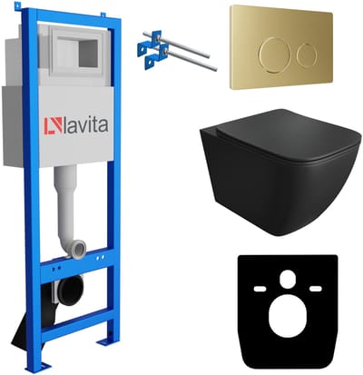 LAVITA® Inbouwreservoir Complete Toiletset LAV 101 - Inbouw WC Hangtoilet Wandcloset ONIL BLACK Zwart Mat - Bedieningsplaat 200.4.5 Gouden - Voorwandelement voor toilet 40cm - Installatiesysteem