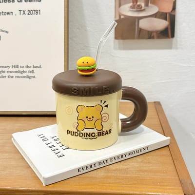 Schattige Boterbeer Rietjesbeker Hoge Waarde Keramische Mok met Deksel Schattige Drinkwaterbeker Verjaardagscadeau Praktisch 301-400ml