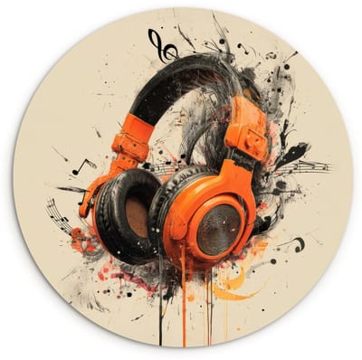 WallCircle® Wandcirkel 120x120 cm - Muurcirkel Koptelefoon - Oranje - Explosief - Muurdecoratie woonkamer - Wanddecoratie slaapkamer - Kamer decoratie accessoires - Ronde schilderijen XXL
