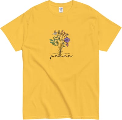 I Choose Peace T Shirt - Dames Heren - Wilde Bloemen Opdruk - Inspirerende Quote - Geel - S