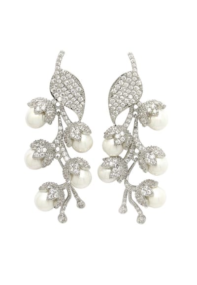 AVANT-GARDE PARIS Diva Collection Oorbellen - Cubic Zirconia Blad Cluster 2.4cm x 5.5cm - 1 stuk - Rhodium Plated