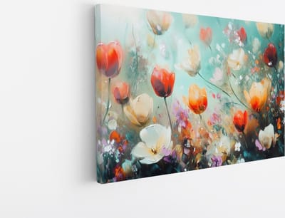 Saammp Canvas Schilderij - Blauw - Bloemenveld Schilderij - Abstract - Natuur - 45x30 - Foto op canvas - Wanddecoratie - Modern Interieur - Woonkamer Decoratie