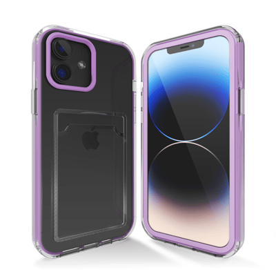 Transparant hoesje geschikt voor iPhone 12 hoesje - Paars hoesje met pashouder hoesje bumper - Doorzichtig case hoesje met shockproof bumpers