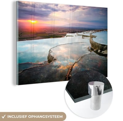 ® Glasschilderij 180x120 cm - Schilderij acrylglas - Zonsondergang over Pamukkale in Turkije - Foto op glas - Muurdecoratie woonkamer - Wanddecoratie slaapkamer - Schilderijen