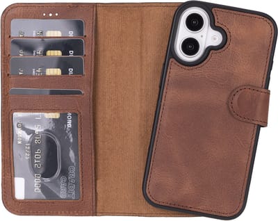 Lykke Leren Hoesje met Pasjeshouder voor iPhone 16 – Handgemaakt Echt Leer – MagSafe Hoesje –Bruin