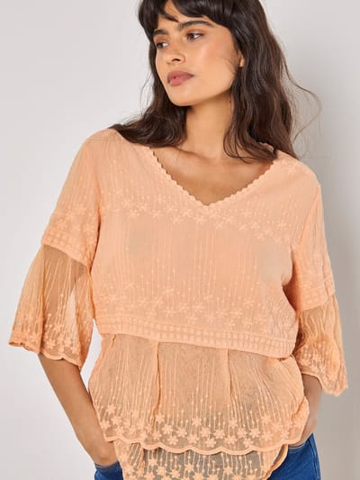 Geborduurde katoenen mesh blouse