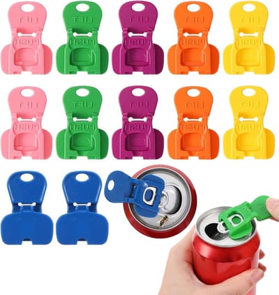 Handmatige kunststof drankblikjes, 12 stuks, eenvoudig te openen voor bier, sap en frisdrank (6 kleuren, 3,5 x 5 cm)