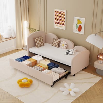 MEUNIQ Kinderdagbed 90x200 cm met bloemvormig ontwerp, velours bekleding, bedlade en lattenbodem, eenpersoons slaapbank voor kinderkamer of slaapkamer, roze