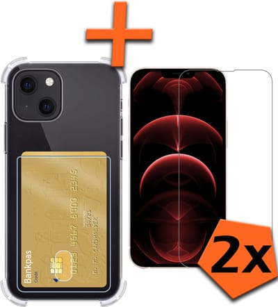 Hoes - Geschikt voor Apple iPhone 13 - Met 2x Screenprotector - Pashouder - Kaarthouder - Telefoon Hoesje Shockproof - Siliconen Case - Back Cover - Shock Proof - Pasjes Houder - Transparant