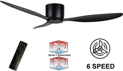 Plafondventilator Brezza 3 blad Ø 132 cm | Zeer stille ventilator | Top kwaliteit | Energie zuinig | + remote | Voor laag plafond | 6 snelheden | Beste alternatief voor airco | Zomer en winter stand | Zwarte ventilator
