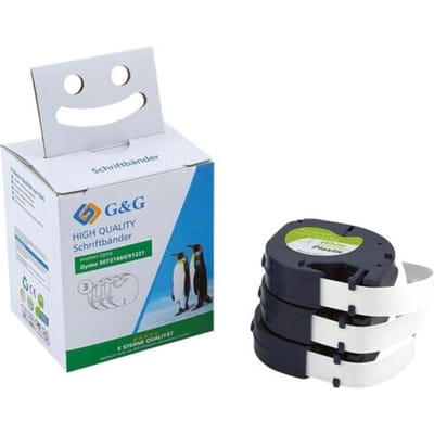 Schrijftape G&G, compatibel met Dymo 91221/S0721660, zwart op wit, zelfklevend, kunststof, L 4 m x B 12 mm, 3 stuks