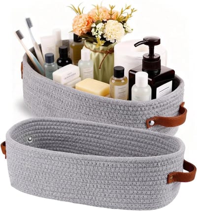 Set van 2 Katoenen Gevlochten Mandjes 28 x 10 x 10 cm met Leren Handvatten voor Badkamer, Slaapkamer en Keuken (Grijs)