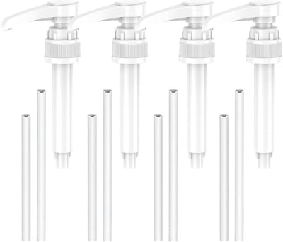 Zeepdispensers, 4 stuks, badpomp, sirooppomp met 4 lange rietjes en 4 korte strostro, herbruikbare siroopdispenser voor huis, bar, restaurant (wit)