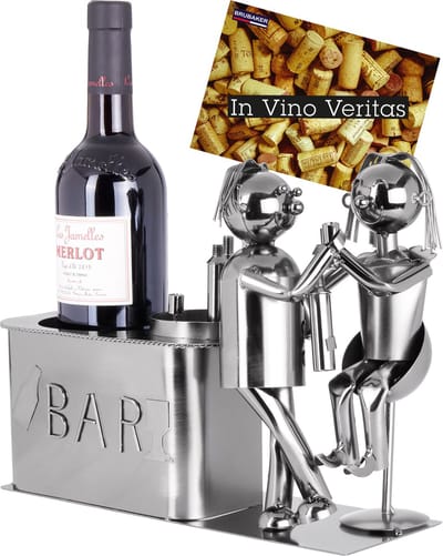 BRUBAKER Wijnflessenhouder, liefdespaar aan de bar, decoratief object, metaal, voor paren, flessenstandaard met wenskaart - Wijnrek