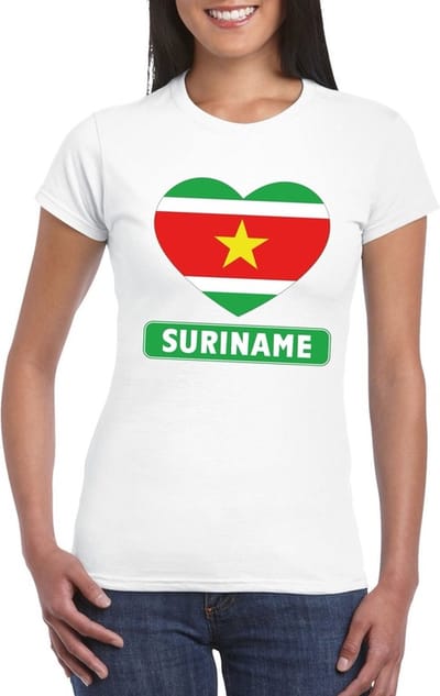 Suriname t-shirt - met hartjes vlag print - wit - voor dames - korte mouwen - landen supporters S
