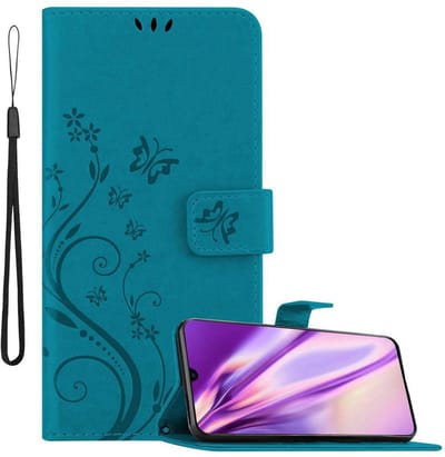 Cadorabo Hoesje geschikt voor Samsung Galaxy A70 / A70s in BLOEMEN BLAUW - Beschermhoes in bloemmotief met magnetische sluiting, standfunctie en kaartsleuven Book Case Cover Etui