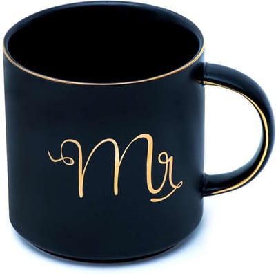Intirilife koffiemok in zwart met gouden rand en inscriptie Mr - 300 ml inhoud - theekop cadeau mok met handvat bruiloft