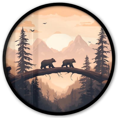 Poster in lijst Rond - Fotolijst 40x40 cm - Posters - Beren - Bomen - Landschap - Zonsondergang - Ronde posterlijst zwart - Decoratie - Wanddecoratie woonkamer - Muurdecoratie slaapkamer