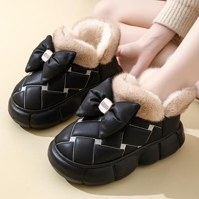 Dames PU Bont Pantoffels Vrouwelijk Winter Effen Kleur Binnenhuis Thuis Pluche Pantoffels Katoenen Schoenen 36-37 zwart