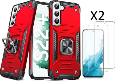 Hoesje Geschikt Voor Samsung Galaxy S22 Plus Hoesje Heavy Duty Armor Hoesje Rood - Galaxy S22 Plus hoesje Kickstand Ring cover met Magnetisch Auto Mount - Hoesje Geschikt Voor Samsung Galaxy S22 Plus screenprotector 2 pack