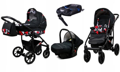BabyLux® Kinderwagen 4in1 – LARGO - BLACK MORO BLACK FRAME - Opklapbare Wandelwagen incl. Reiswieg, Multifunctionele Buggy Sportstoel, Autostoel, ISOFIX basisstation - Combi-kinderwagen met Luiertas, Regenhoes, Klamboe
