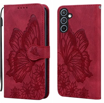 BoekCover Etui Hoes geschikt voor Samsung Galaxy A36 - A37 - A56 - Rood - Vlinder - Reliëf