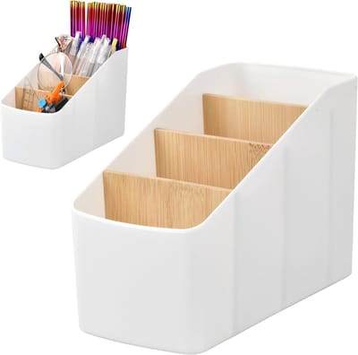 Bamboe Desk Organizer met 4 Compartimenten voor Kantoor, Remote Control, Pennen en Mobiele Telefoon Opslag