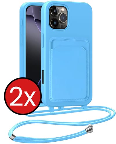 Hoesje Geschikt voor iPhone 16 Pro Hoesje Met Telefoonkoord en Pasjeshouder Siliconen - Hoes Geschikt voor iPhone 16 Pro Hoesje Met Kaarthouder Case - Lichtblauw - 2 PACK
