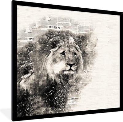 Fotolijst incl. Poster - Leeuw - Krant - Zwart - Wit - 40x40 cm - Posterlijst