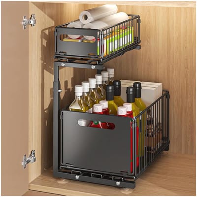 GELLDG Dubbellaags opbergrek geschikt voor onder de gootsteen - met uitschuifbare mand - stapelbare planken - geschikt voor keuken- en badkamerkastjes - keukenopbergruimte - 29 x 37,5 x 49 cm - zwart
