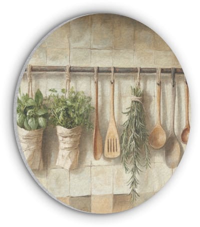 Akoestisch wandpaneel rond 50x50 cm - Vilt schilderij Hout - Keukengerei - Stilleven - Tegels - Ronde akoestische panelen - Geluidsdempende wanddecoratie - Geluidsisolatie wandcirkel - Muurdecoratie geluidspanelen