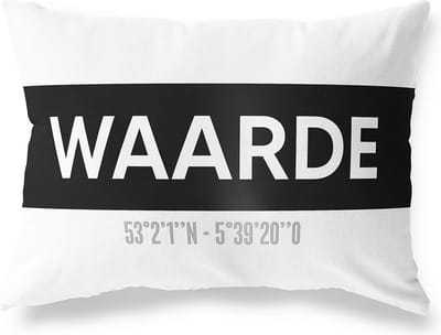 Tuinkussen WAARDE - ZEELAND met coördinaten - Buitenkussen - Bootkussen - Weerbestendig - Jouw Plaats - Studio216 - Modern - Zwart-Wit - 50x30cm