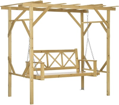 Outsunny schommelstoel met pergola, 2-zits tuinschommel, weerbestendige schommelbank voor tuin, balkon, massief hout, naturel, 221 x 140 x 196 cm