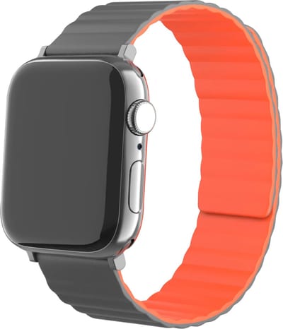Strap-it Magnetisch siliconen bandje geschikt voor Apple Watch Series 1/2/3/4/5/6/7/8/9/10/11/SE/SE2/SE3/Ultra (2/3) - Siliconen bandje voor sport - Loop iWatch bandje maat: 44mm / 45mm / 46mm / 49mm - Grijs/Oranje