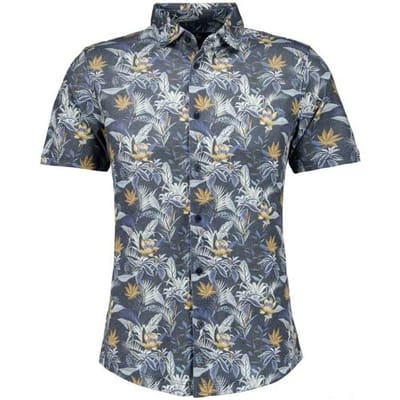 Ragman Overhemd Soft Knit Multi Leaves Floral Pattern Blauw-Multi / male