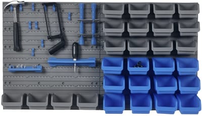 Roossentials gereedschapswand - Muurgereedschap organizer - Wandgereedschapplank - Gereedschap opberger - 44-delig - Met 28 stapelbare dozen en verschillende haken - Grijs/Blauw