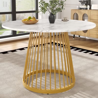DESMIU Eettafel - Ronde Tafel Met Marmerlook Blad En Stevige Metalen Poten - Voor Eetkamer, Woonkamer En Kantoor - MDF En Metaal - Goud Wit - 80x80x76 Cm