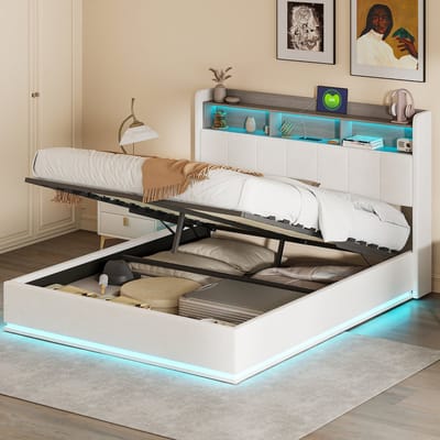 Velours Polsterbed 140x200 met LED Verlichting & USB-C – Bedframe met Opbergruimte en Stopcontact – Wit Bed met Hoofdbord